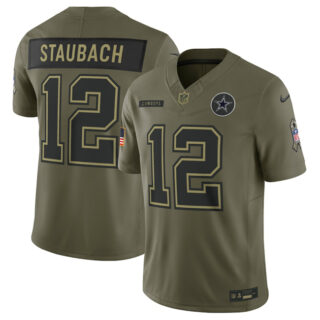 Men's Dallas Cowboys #12 Roger Staubach Olive 2025 Salute to Service Limited Stitched Football Jersey