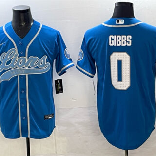 Men's Detroit Lions #0 Jahmyr Gibbs Blue Cool Base Stitched Baseball Jersey