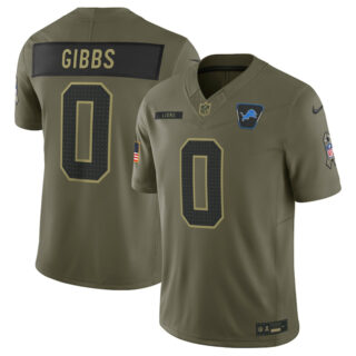 Men's Detroit Lions #0 Jahmyr Gibbs Olive 2025 Salute to Service Limited Stitched Football Jersey