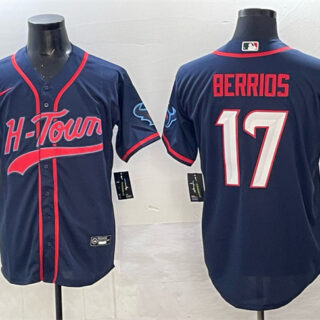 Men's Houston Texans #17 Braxton Berrios Navy With Patch Cool Base Stitched Baseball Jersey
