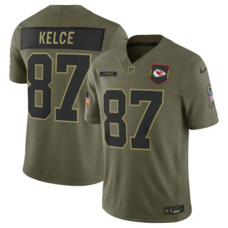 Men's Kansas City Chiefs #87 Travis Kelce Olive 2025 Salute to Service Limited Stitched Football Jersey
