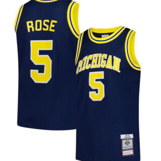 Men's Michigan Wolverines #5 Jalen Rose Navy 1991 92 Stitched Basketball Jersey