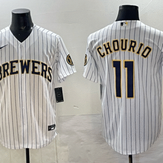 Men's Milwaukee Brewers #11 Jackson Chourio White Pinstripe 2025 With Patch Stitched Baseball Jersey