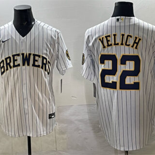 Men's Milwaukee Brewers #22 Christian Yelich White Pinstripe 2025 With Patch Stitched Baseball Jersey
