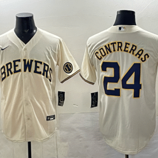 Men's Milwaukee Brewers #24 William Contreras Cream With Patch Stitched Baseball Jersey