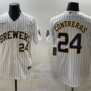 Men's Milwaukee Brewers #24 William Contreras White Pinstripe 2025 With Patch Stitched Baseball Jersey