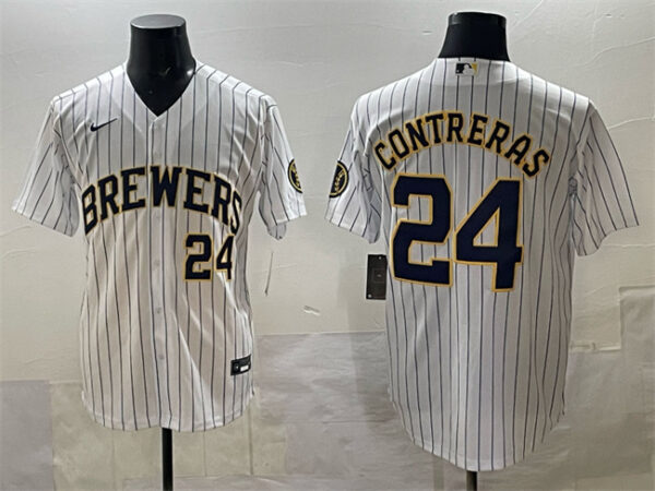 Men's Milwaukee Brewers #24 William Contreras White Pinstripe 2025 With Patch Stitched Baseball Jersey