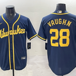 Men's Milwaukee Brewers #28 Andrew Vaughn Navy 2025 With Patch Stitched Baseball Jersey