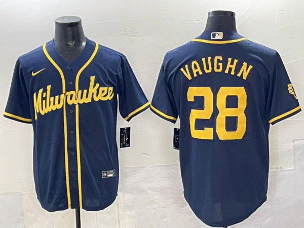 Men's Milwaukee Brewers #28 Andrew Vaughn Navy 2025 With Patch Stitched Baseball Jersey