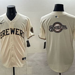 Men's Milwaukee Brewers Team Big Logo Cream Home Limited Stitched Jersey