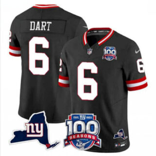 Men's New York Giants #6 Jaxson Dart Black 2025 Draft F.U.S.E. 100th Season & State Patch Vapor Limited Stitched Football Jersey