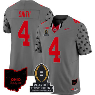Men's Ohio State Buckeyes #4 Jeremiah Smith Gray F.U.S.E. 2024 Playoff First Round Patch Vapor Limited Stitched Jersey