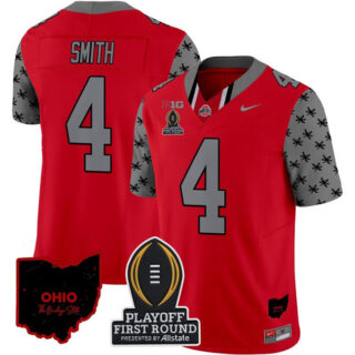 Men's Ohio State Buckeyes #4 Jeremiah Smith Red Alternate F.U.S.E. 2024 Playoff First Round Patch Vapor Limited Stitched Jersey