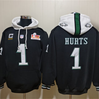 Men's Philadelphia Eagles #1 Jalen Hurts Black Super Bowl LIX Pullover Hoodie