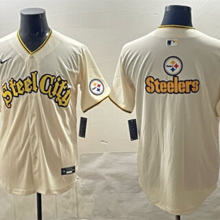 Men's Pittsburgh Steelers Team Big Logo Cream 412 Patch Vapor Premier Limited Stitched Baseball Jersey