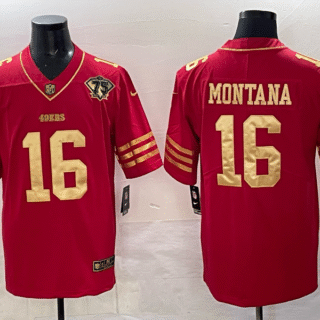 Men's San Francisco 49ers #16 Joe Montana Red Gold With 75th Patch Vapor Limited Stitched Football Jersey