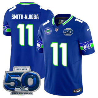 Men's Seattle Seahawks #11 Jaxon Smith-Njigba Royal 2025 F.U.S.E. 50th Season Patch Throwback Vapor Limited Stitched Football Jersey