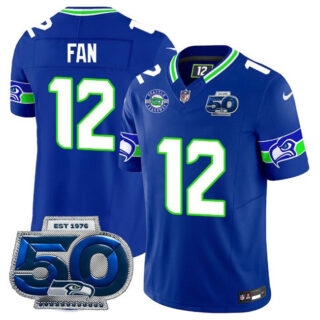 Men's Seattle Seahawks #12 Fan Royal 2025 F.U.S.E 50th Season Patch Throwback Vapor Limited Stitched Football Jersey
