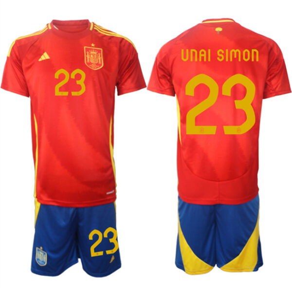 Men's Spain Team #23 Unai Sim??n 2024-25 Red Home Soccer Jersey Suit