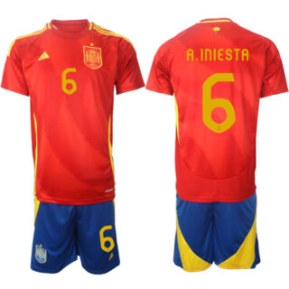Men's Spain Team #6 Andres Iniesta 2024-25 Red Home Soccer Jersey Suit