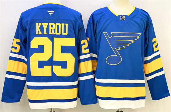 Men's St. Louis Blues #25 Jordan Kyrou Blue 2025 Stitched Hockey Jersey