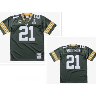 Men's Green Bay Packers #21 Charles Woodson Green With 2-star captains' and Super Bowl XLV 2010 Throwback Jersey