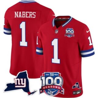 Men's New York Giants 1 Malik Nabers Red 2024 F U S E 100th Season And State Vapor Limited Stitched Football Jersey