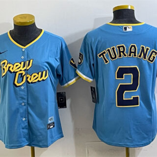 Women's Milwaukee Brewers #2 Brice Turang Powder Blue City Connect Cool Base Stitched Jersey(Run Small)