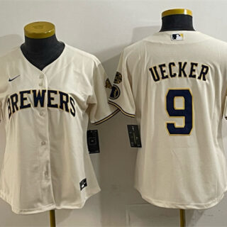 Women's Milwaukee Brewers #9 Bob Uecker Cream With Home & Bob Uecker Patch Stitched Jersey(Run Small)