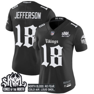 Women's Minnesota Vikings #18 Justin Jefferson Black 2025 Kings of the North Patch Gothic Norseblood Edition Vapor Untouchable Limited Stitched Football Jersey(Run Small)