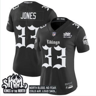 Women's Minnesota Vikings #33 Aaron Jones Black 2025 Kings of the North Patch Gothic Norseblood Edition Vapor Untouchable Limited Stitched Football Jersey(Run Small)
