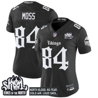 Women's Minnesota Vikings #84 Randy Moss Black 2025 Kings of the North Patch 'Gothic Norseblood Edition' Vapor Untouchable Limited Stitched Football Jersey(Run Small)