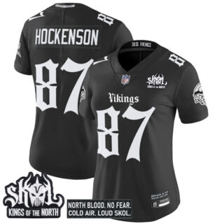 Women's Minnesota Vikings #87 T.J. Hockenson Black 2025 Kings of the North Patch 'Gothic Norseblood Edition' Vapor Untouchable Limited Stitched Football Jersey(Run Small)