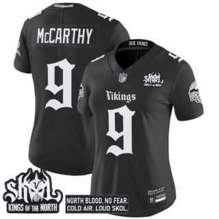 Women's Minnesota Vikings #9 J.J. McCarthy Black 2025 Kings of the North Patch 'Gothic Norseblood Edition' Vapor Untouchable Limited Stitched Football Jersey(Run Small)