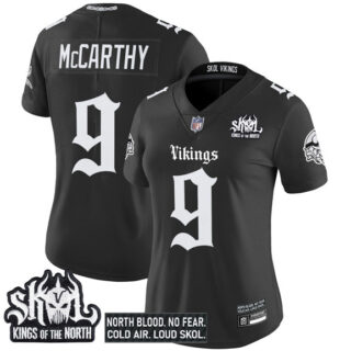 Women's Minnesota Vikings #9 J.J. McCarthy Black 2025 Kings of the North Patch Gothic Norseblood Edition Vapor Untouchable Limited Stitched Football Jersey(Run Small)