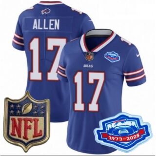 Women's Buffalo Bills 17 Josh Allen Blue 2025 F U S E Farewell Season Gold Shield Patch Stitched Football Jersey