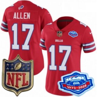 Women's Buffalo Bills 17 Josh Allen Red 2025 F U S E Farewell Season Gold Shield Patch Stitched Football Jersey