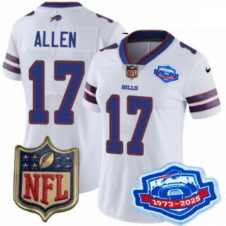 Women's Buffalo Bills 17 Josh Allen White 2025 F U S E Farewell Season Gold Shield Patch Stitched Football Jersey