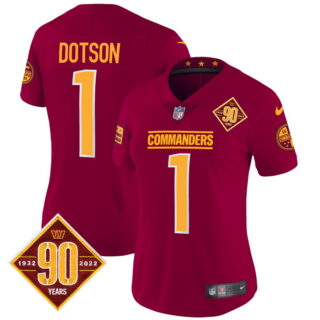 Women's Washington Commanders #1 Jahan Dotson 90th Anniversary Patch Vapor Jersey Burgundy