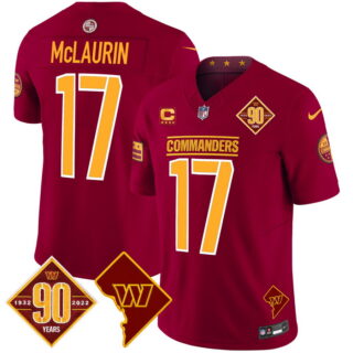 Men's Washington Commanders #17 Terry McLaurin 90th Anniversary & Home Patch Vapor Limited Jersey Burgundy