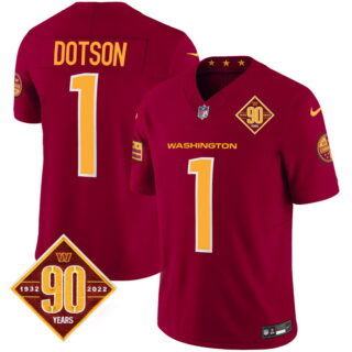 Men's Washington Commanders #1 Jahan Dotson 90th Anniversary Patch Vapor Limited Jersey V3 Burgundy