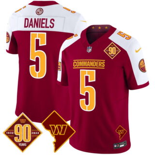 Men's Washington Commanders #5 Jayden Daniels 90th Anniversary & Home Patch Vapor Limited Jersey Burgundy Alternate