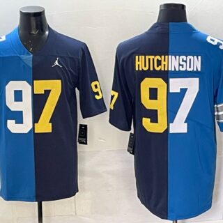 Men's Detroit Lions X Wolverines #97 Aidan Hutchinson Blue Navy Split Vapor Limited Stitched Jersey