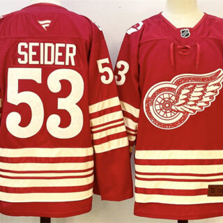 Men's Detroit Red Wings #53 Moritz Seider Red 2025-26 Centennial Premium Stitched Hockey Jersey