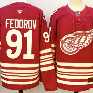 Men's Detroit Red Wings #91 Sergei Fedorov Red 2025-26 Centennial Premium Stitched Hockey Jersey