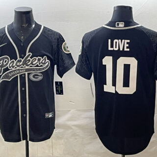 Men's Green Bay Packers #10 Jordan Love Black Reflective With Patch Cool Base Stitched Baseball Jersey