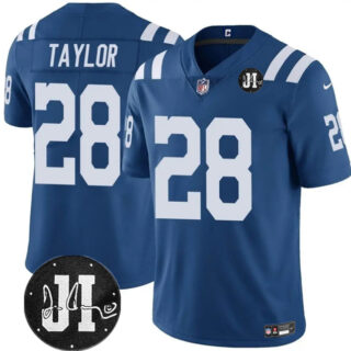 Men's Indianapolis Colts #28 Jonathan Taylor Blue Jim Irsay Patch Vapor Stitched Jersey
