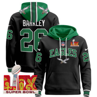 Men's Philadelphia Eagles #26 Saquon Barkley Black 2025 Super Bowl LIX Patch Pullover Stitched Hoodie