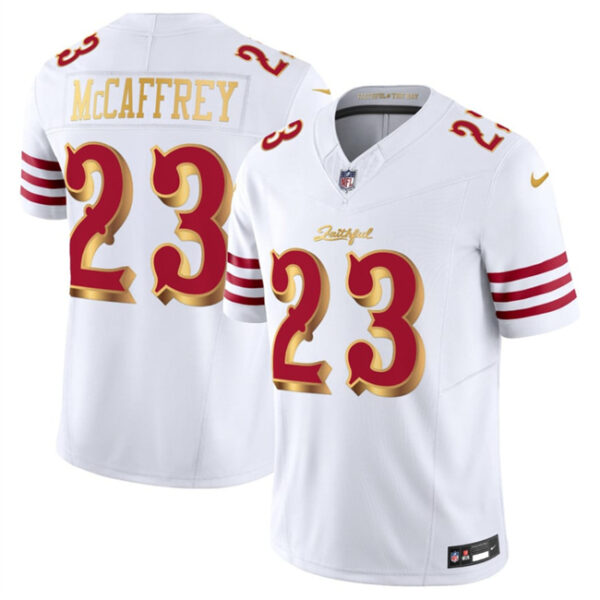 Men's San Francisco 49ers #23 Christian McCaffrey White Gold 2025 F.U.S.E. ??Rivalries?? Vapor Limited Stitched Football Jersey