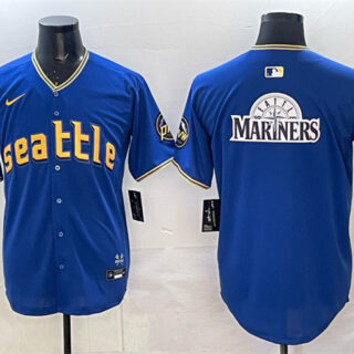 Men's Seattle Mariners Team Big Logo Royal With 2025 AL West Division Champions Patch City Connect Limited Stitched Baseball Jersey 1